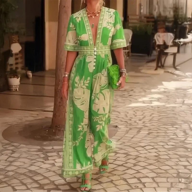 

2025 Amazon Cross-border Women's Clothing Temperament Elegant, Fashionable, Sexy And Thin Printed V-neck Wide-leg Jumpsuit
