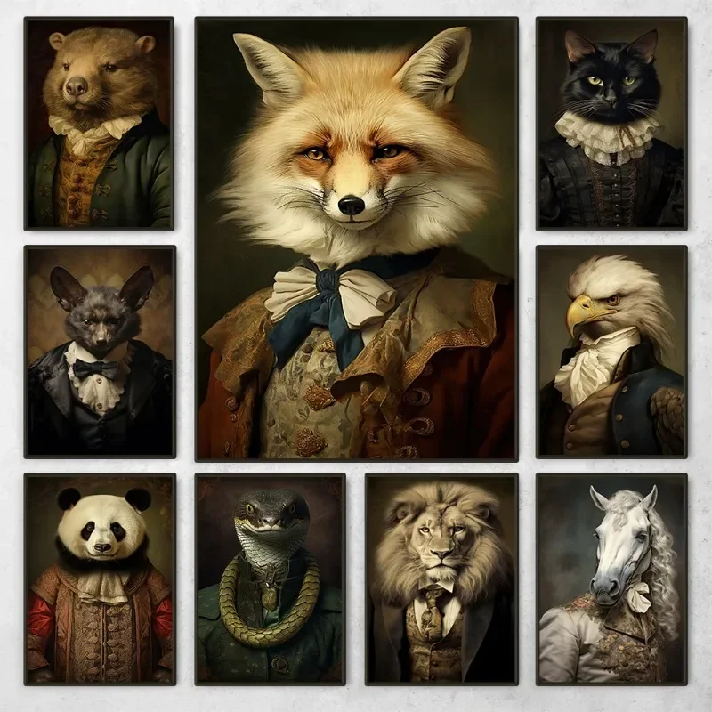 Retro Renaissance Animal Portrait Poster Fox Black Cat Lion Owl Royal Pet Canvas Painting Funny Wall Art Living Room Home Dec