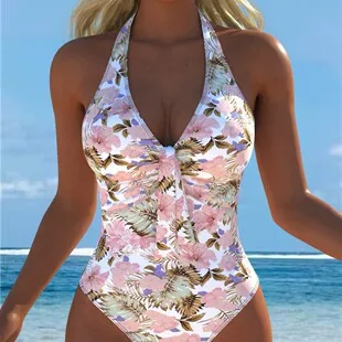 Women Halter One‑Piece Suits Swimwear Colorful Cartoon Patchwork Pattern V‑Neck Twist Knot Front High‑Cut Retro Beach Swimsuit