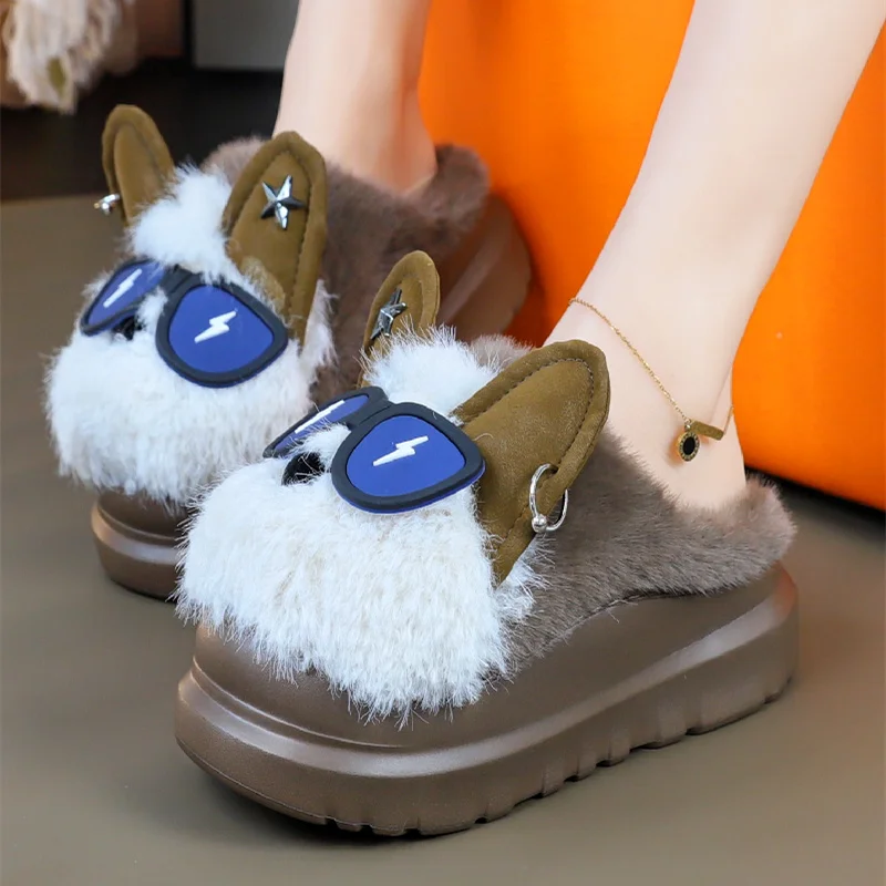 

New super cool puppy slippers woman winter fluffy slides shoes room scuff woman glasses dog studded star female platform sliper