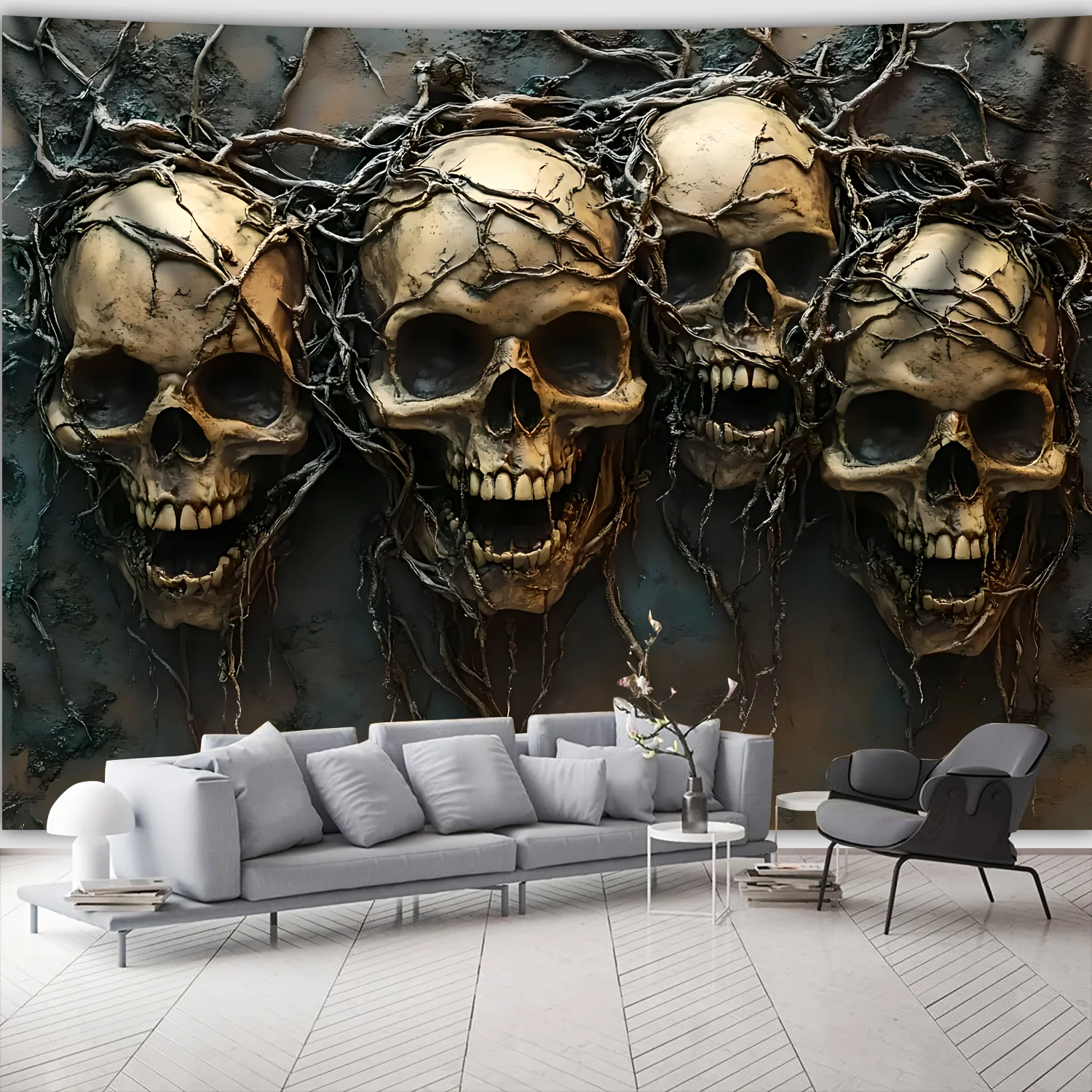 

Gothic Skulls with Vines Tapestry - Perfect for Adding Dark and Dramatic Style to Any Room Decor, Ideal for Home Use