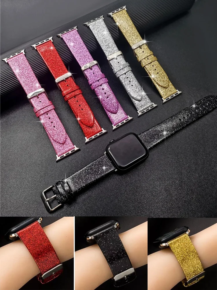 Shiny strap For Apple Watch Band 44mm 40mm Ultra 49mm 41mm 42-38-45mm Glitter leather loop bracelet iWatch Series 8 7 6 5 4 3 SE