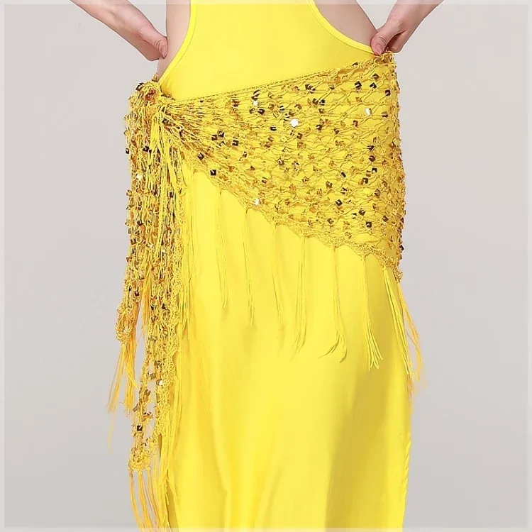 12 colors belly dance accessories long tassel belt elastic triangle of hand crochet belly dancing hip scarf sequins girls belt