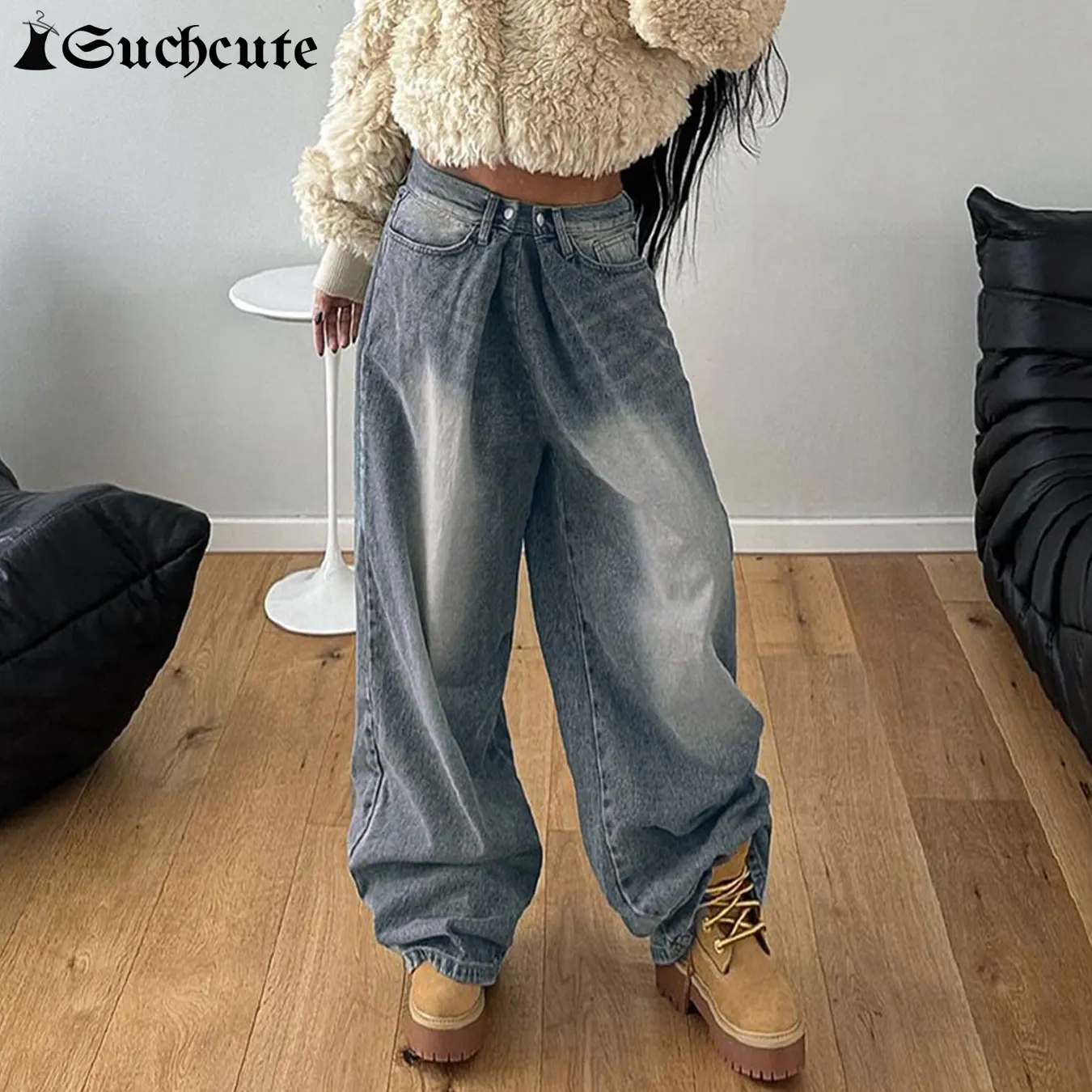 SUCHCUTE Y2k 90s Vintage Streetwear Cargo Pants American Retro Low Waist Straight Leg Denim Trousers Casual Baggy Oversize Jeans