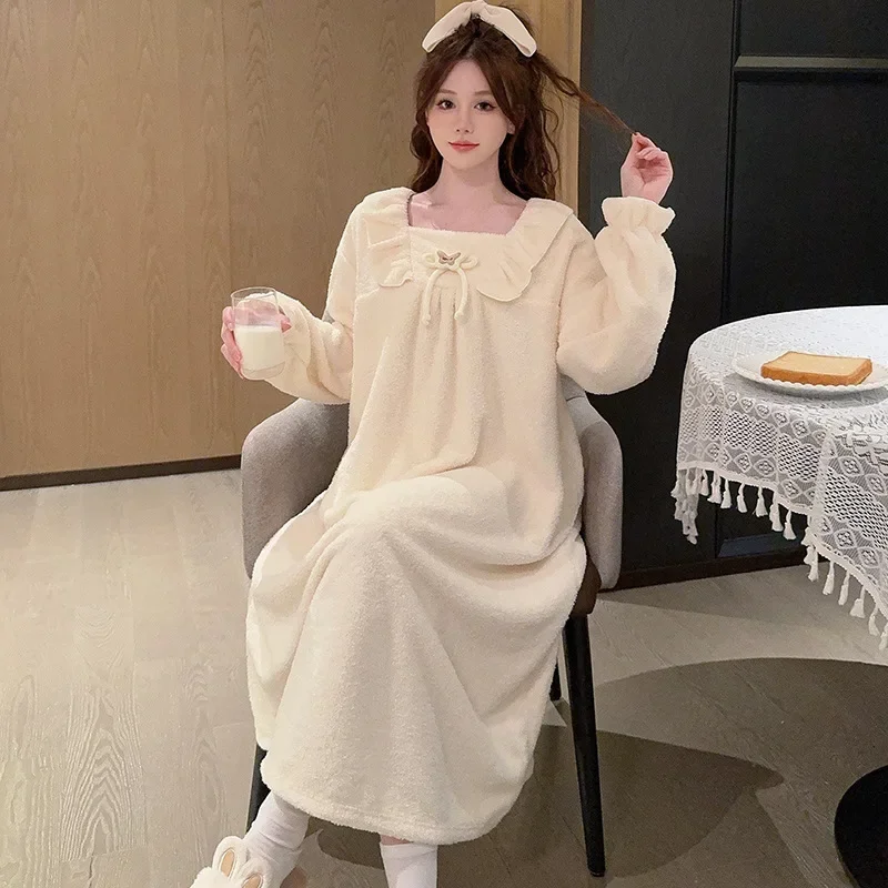 5XL Plus Size Women Winter Coral Velvet Sleep Dress Korean Sweet Fleece-lined Thickened Long Sleeve Flannel Nightgown Sleepshirt