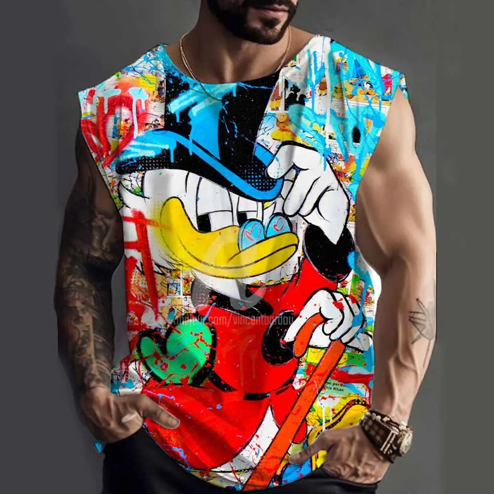 تي شيرت رياضي بدون أكمام للرجال كاجوال قابل للتنفس ورقبة دائرية بدون أكمام صيفي كاجوال من ديزني دونالد داك مطبوع عليه مضحك كلاسيكي تي شيرت