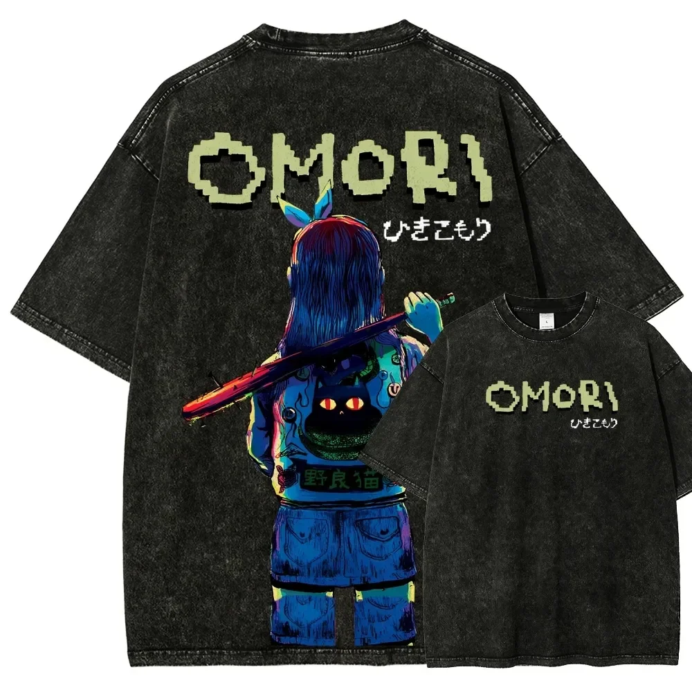 Classic Role Playing Games Omori Peripherals Print T-shirt New Harajuku Streetwear Oversized Men Women Vintage Washed Cotton Tee