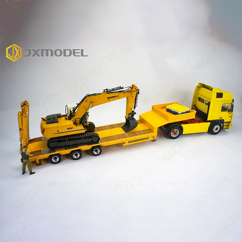 Modelo JX de Metal de 3 ejes, tablero trasero de cama baja, semirremolque, Panel de madera, cilindro decorativo para Tamiya 1/14, camión Tractor de control remoto, modelo de juguete
