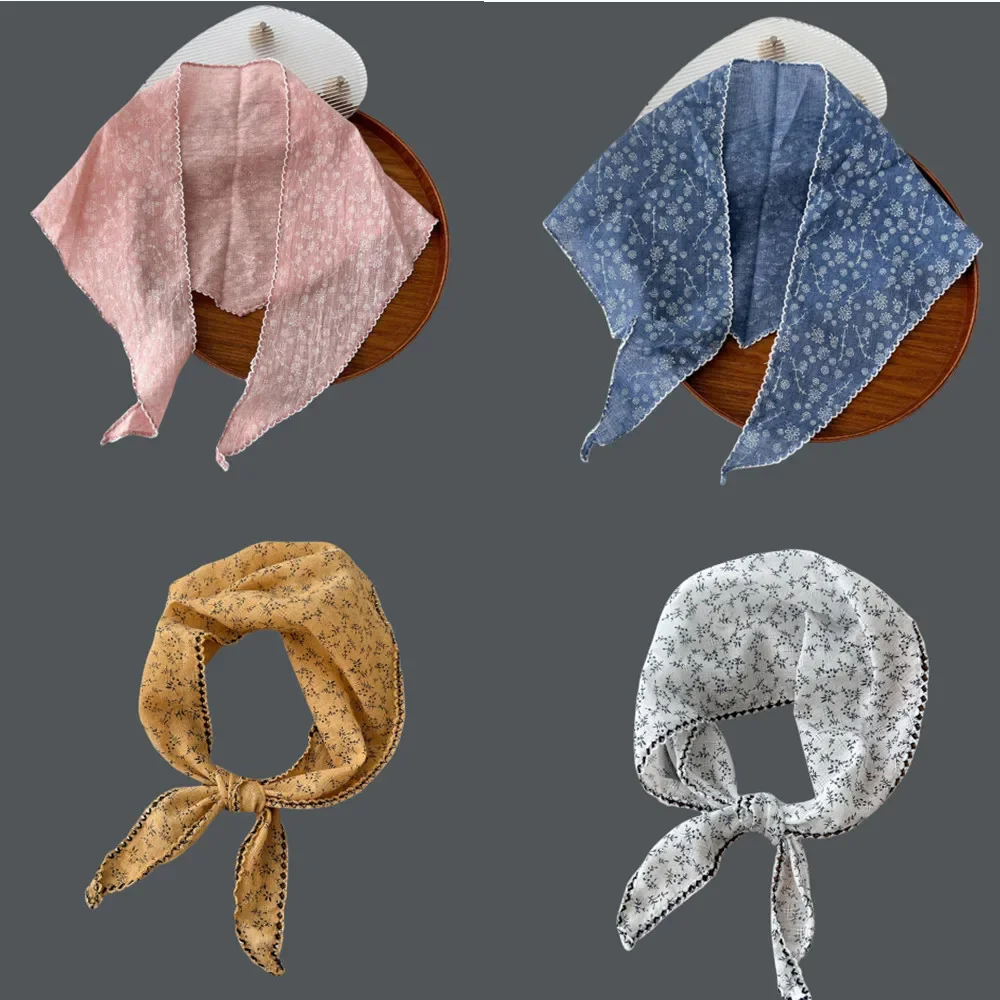 

Шарф женский хлопковый льняной шарф на шею, платок, маленькая шаль, тонкий шейный платок с маленьким цветком, треугольный шарф, шарф для волос INS