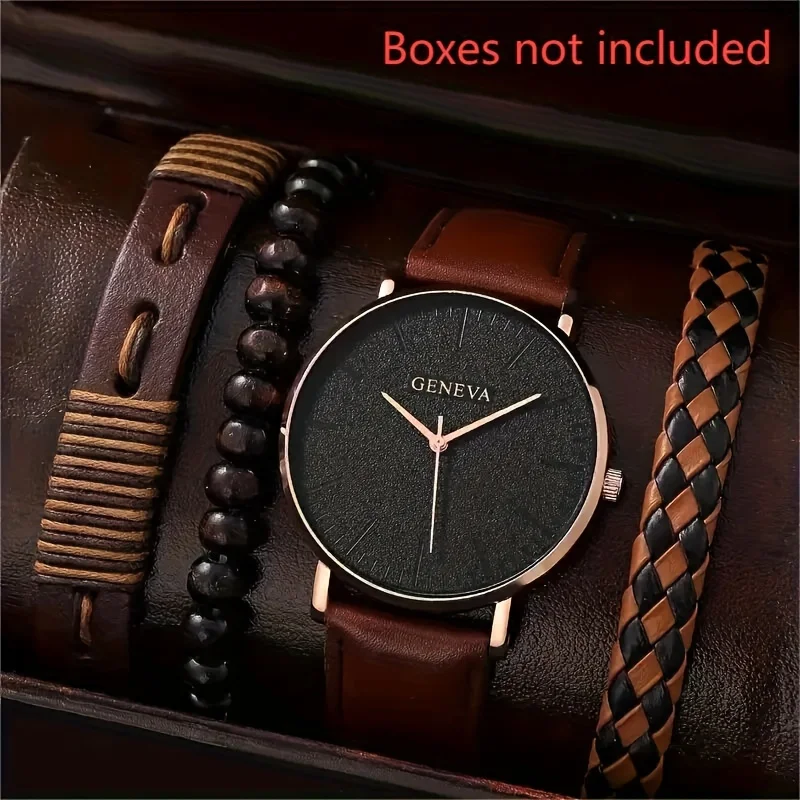 

4 Pcs Round Quartz Watches PU Leather Strap Alloy Pointer Alloy Dial And Bracelet Jewelry For Women Men