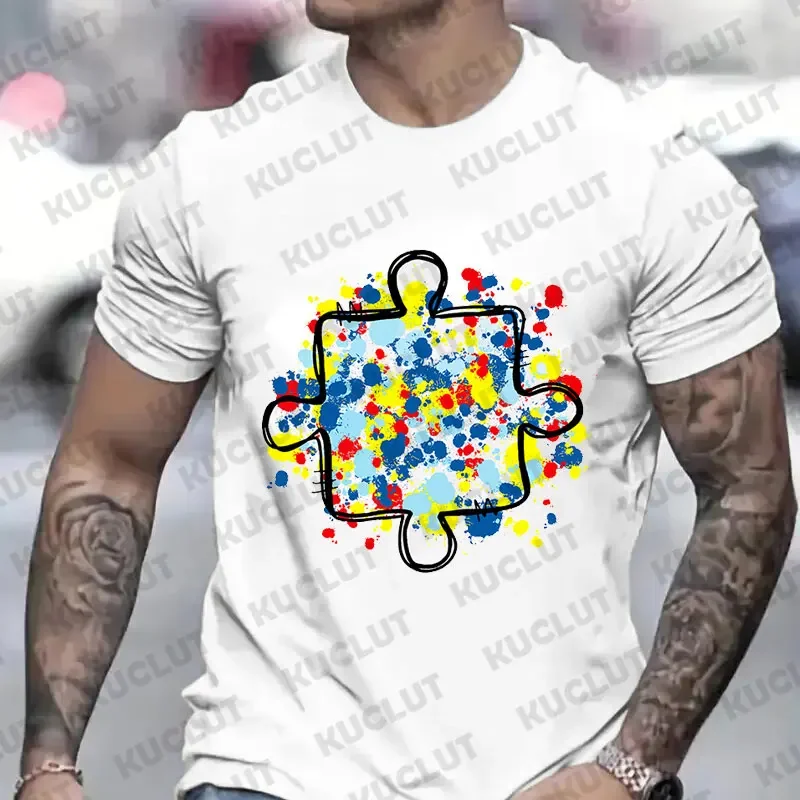 Men\'s T-Shirt Autism Awareness Puzzle Piece Print Male Tshirt Casual Fashion Soft Fashion Tees Clothing Harajuku Graphic Tops