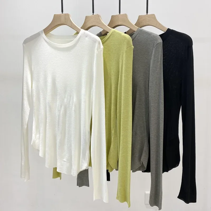 

Early Autumn Simple Four-color Round Neck Long-sleeved Elastic Bottoming Tops T Shirt Women