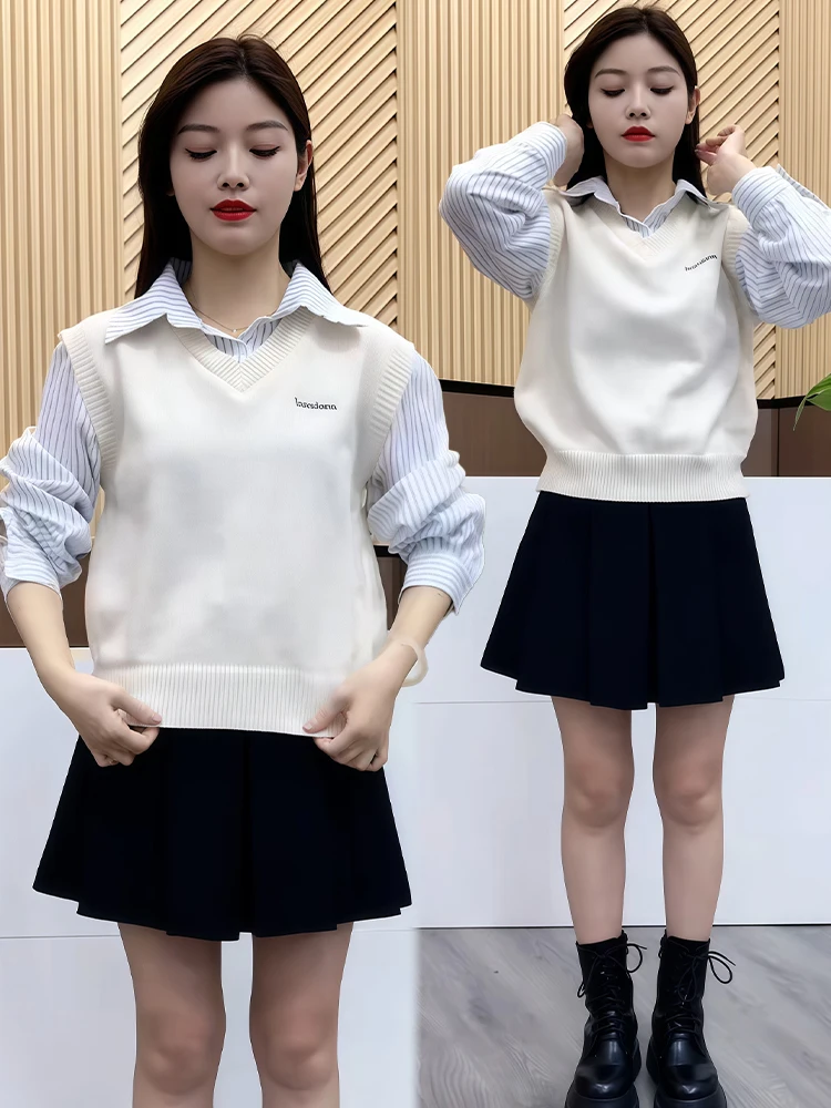 

Модный женский вязаный топ на весну-осень, новинка, имитация двухслойности, универсальный, омолаживающий, удобный для повседневной носки