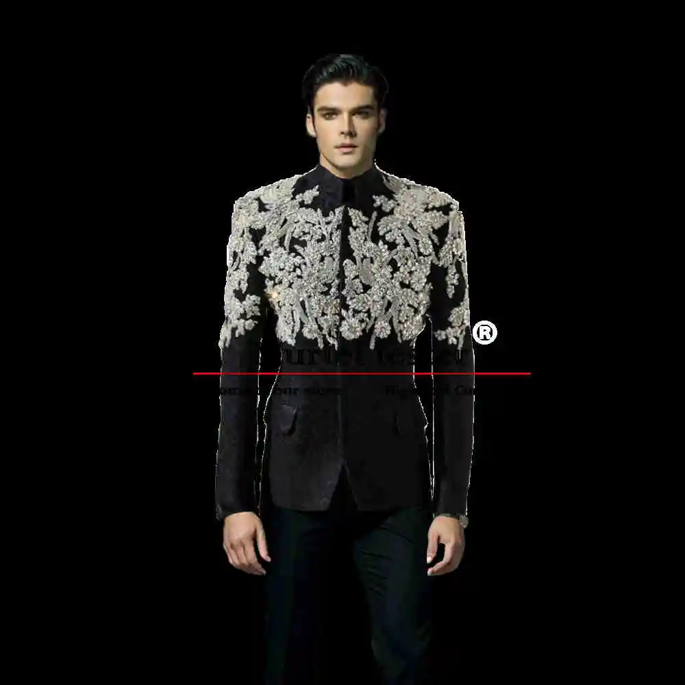 

Rhinestones Appliques Suit Men For Wedding Luxury Jacket Pants 2 Piece Groom Man Tuxedos Tailored Male Prom Blazers Ropa Hombre