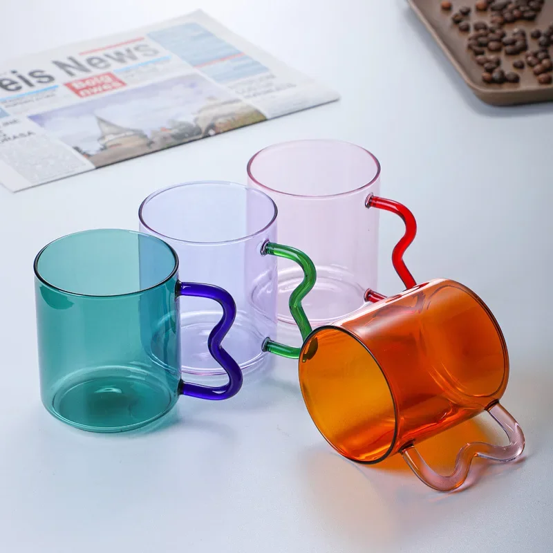 Colored Glass Cup with Wave Handle Coffee Breakfast Cup  Large Capacity Milk Cup Microwaveable  Cross-border