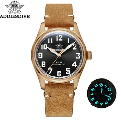 ADDIESDIVE Leather Bronze Watches 200M Waterproof Diving Wristwatch Bubble Mirror Glass BGW9 Luminous NH35 Men's Automatic Watch