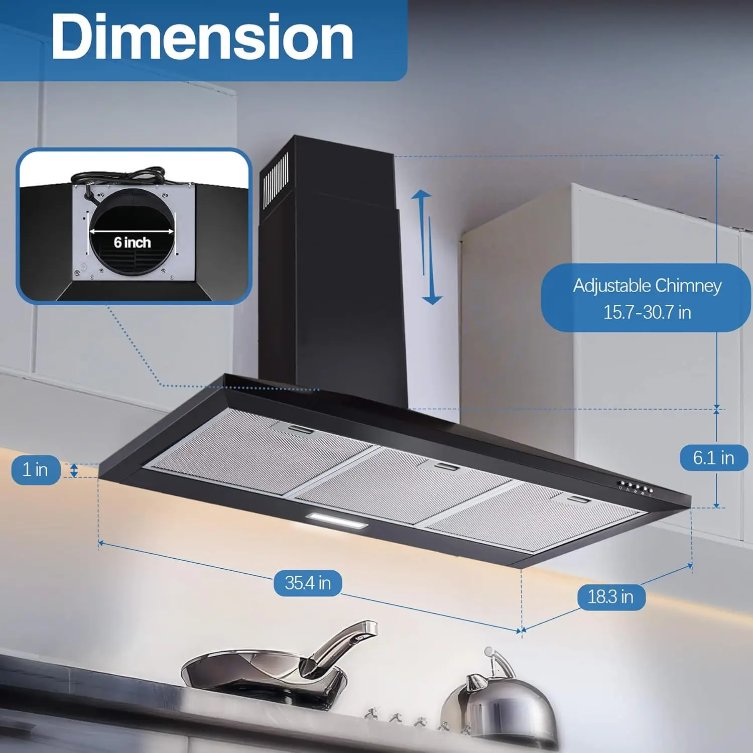 غطاء محرك السيارة 36 بوصة غطاء فتحة تهوية أسود مع 450CFM 3 سرعات مجاري الهواء مرشحات شبكية قابلة للتحويل زر التحكم لغطاء الموقد #5