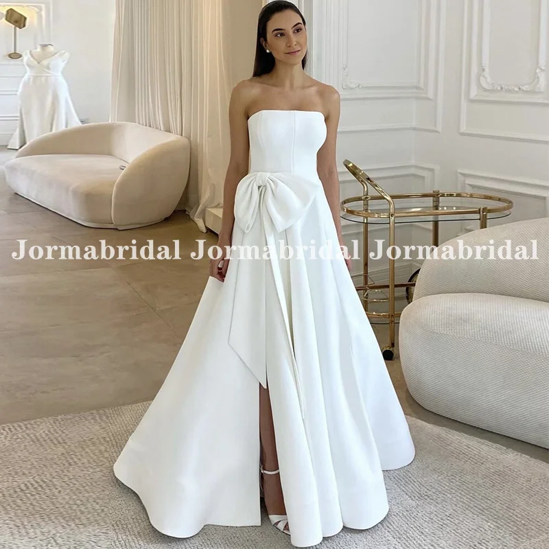 

Vestidos De Novia Front Slit Ivory Wedding Dress with Bowtie Strapless Satin A-line Full Length Bridal Gown Made to Measure 2024