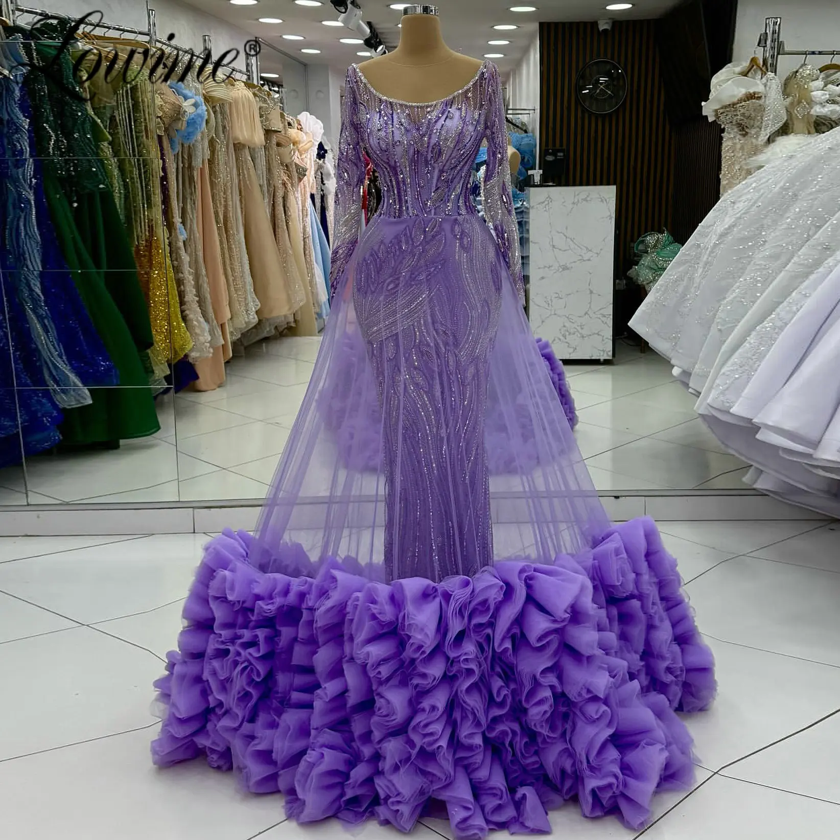 

2026 Фиолетовые платья для выпускного вечера с оборками и верхней юбкой по индивидуальному заказу, арабские вечерние платья с блестками и бисером и длинными рукавами для свадебной вечеринки