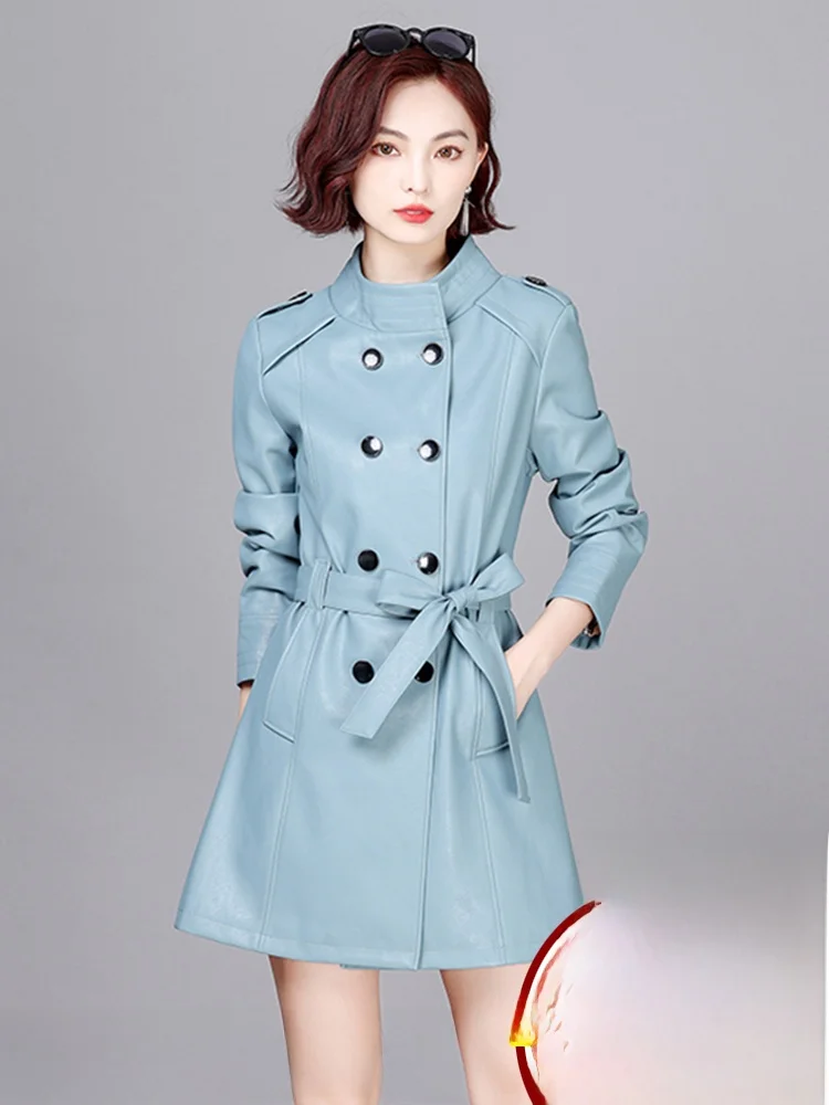 Veste en cuir d'agneau pour femme Ele, double rangée de boutons, manches longues, coupe ajustée, nouvelle collection printemps-automne, vêtement d'extérieur tendance