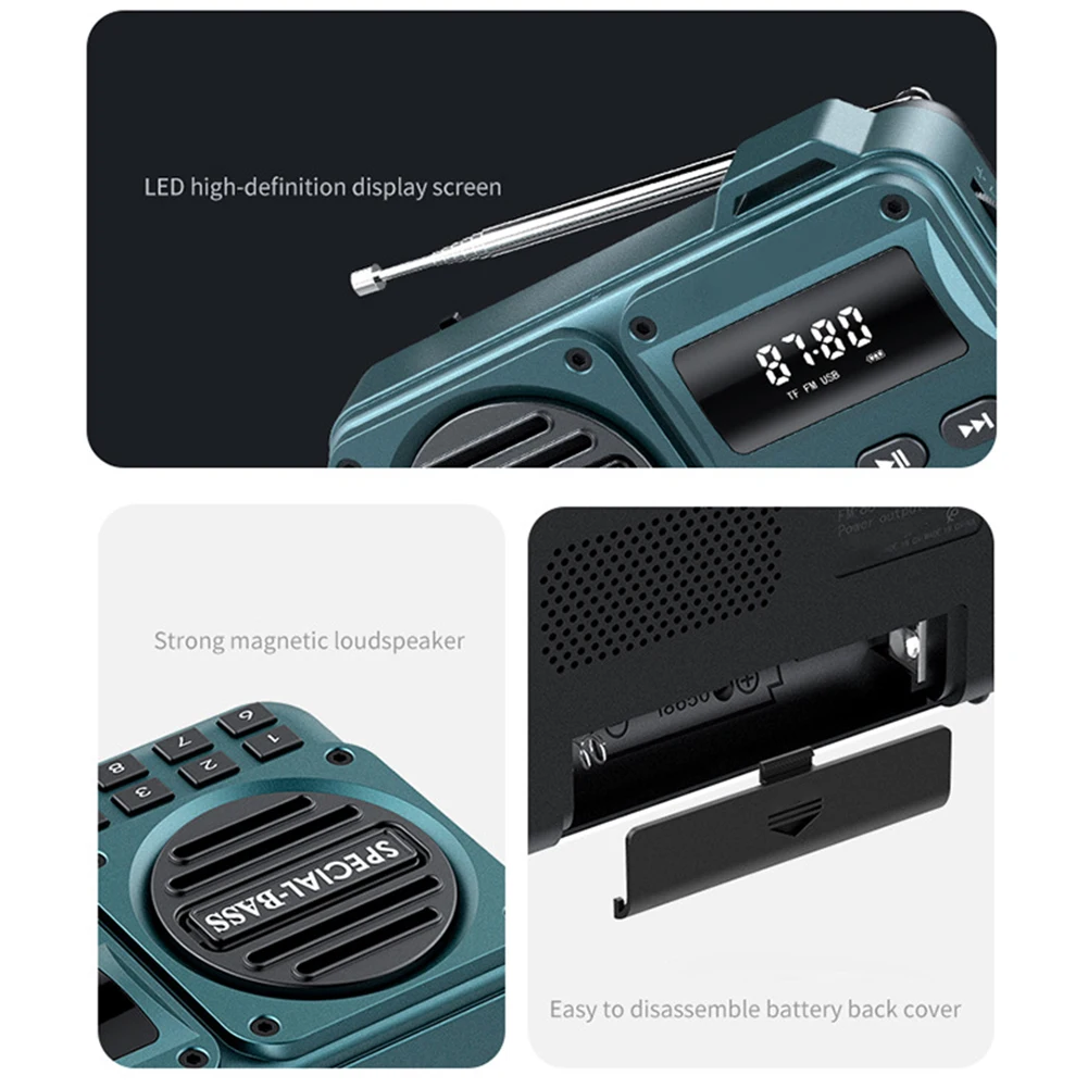 Rádio portátil com alto-falante, mini rádio transistorizado, compatível com bluetooth/tf, bateria de 2000mAh, para caminhada e corrida