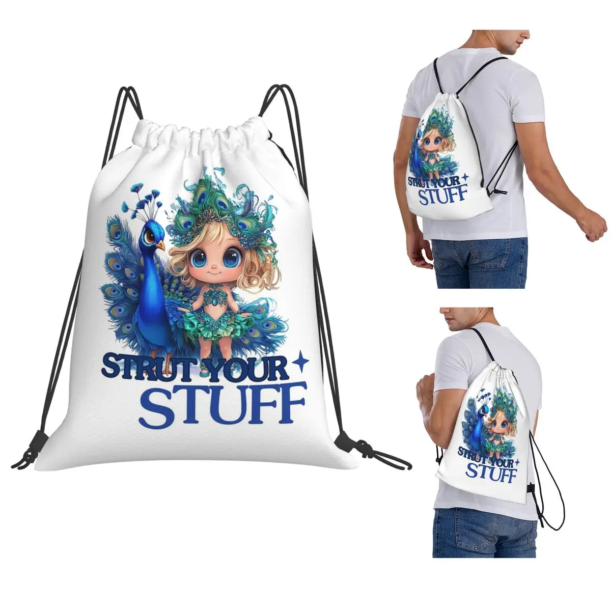 Peacock Majestic Bird. Strut Your Stuff Backpacks Multi-function Drawstring Bundle Pocket Sundries Bag Book Bags for Man Woman