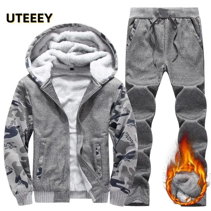 2023 Winter Tracksuit Casual Men Sets Sweatshirt Sporting Running Fleece Thick Fur Warm Hooded Jacket With Pant Male Sportswear