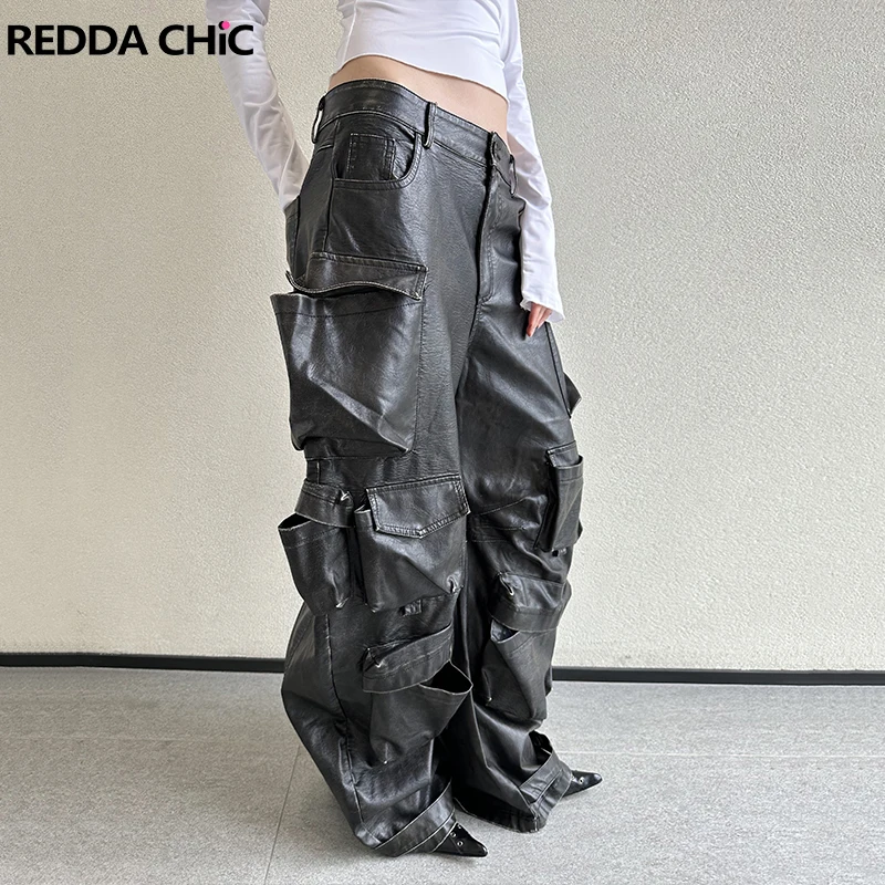 ReddaChic Low Waist  Leather Cargo Pants for Women Casual Black Distressed Multi-pocket Wide Leg Work Pants Harajuku Streetwear