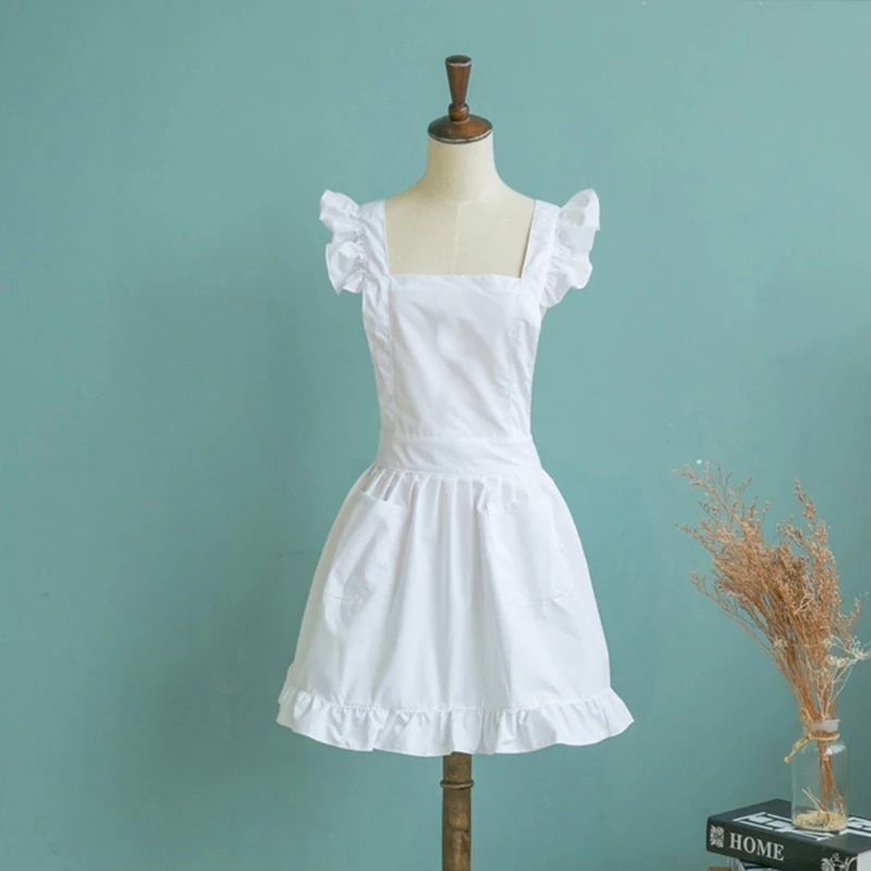 Womens Girls Ruffles Outline Retro White Apron with Pockets Adjustable Victorian Bib Maid Cosplay Kitchen Baking Costume