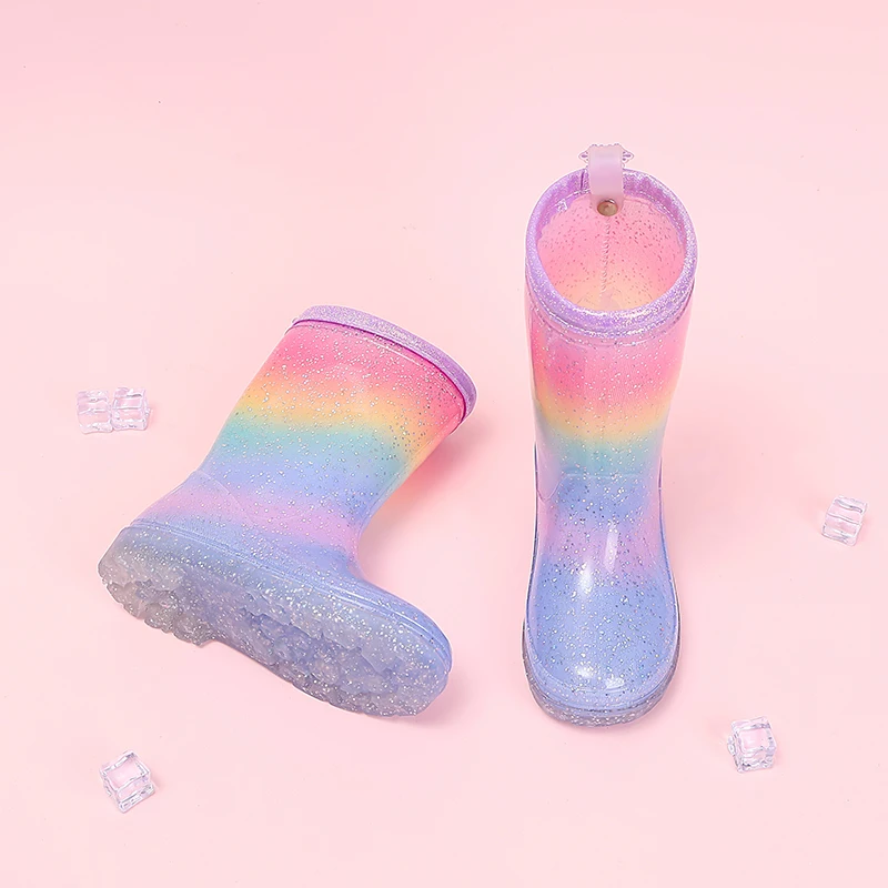 Four Seasons Cute Girls Rain Boots Rainbow Gradient Glitter Waterproof Non-Slip Toddler Kids Outdoor Rainy Day Shoes - view 3