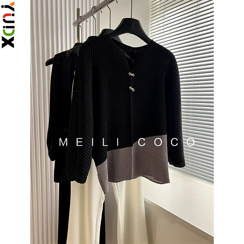 YUDX 2024 Autumn New Dragon Scale Pleated Slim Hundred Fashion Temperament Long Sleeve Fashion Colorblocking Women's Blouse