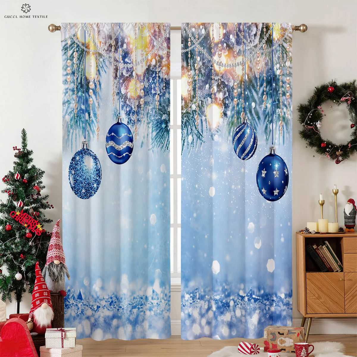 Merry Christmas Window Curtain, Rod Pocket, Suitable for Bedroom, Living Room, Outdoor Decoration, Can Be Customized, 2Pcs