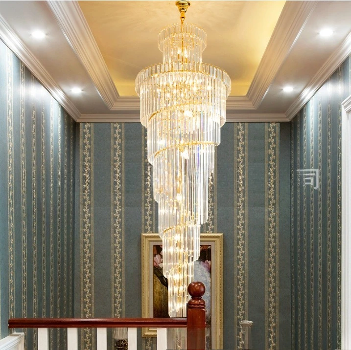 Duplex villa living room hollow crystal chandelier, large duplex revolving staircase, LED style light luxury home