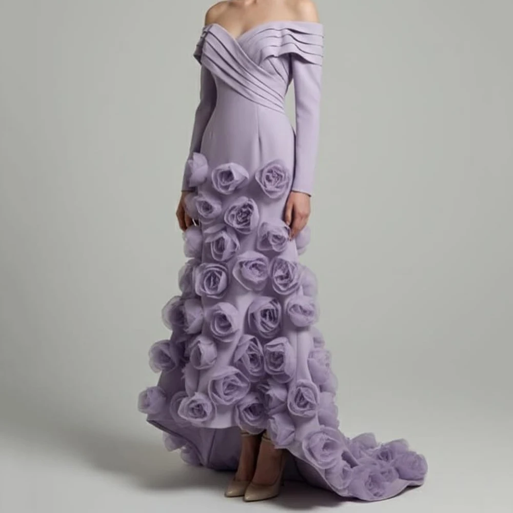 

Customized Mermaid Evening Dresses Floor-length Off The Shoulder Full Sleeve Prom Gown Fashion Pleat Flowers Draped Party Gown