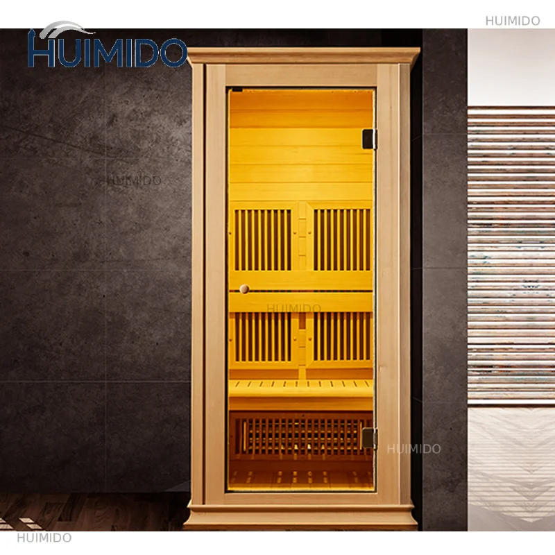 Customized 2-person indoor ceramic heater Wooden dry far-infrared sauna room Ash electric heating full spectrum glass door