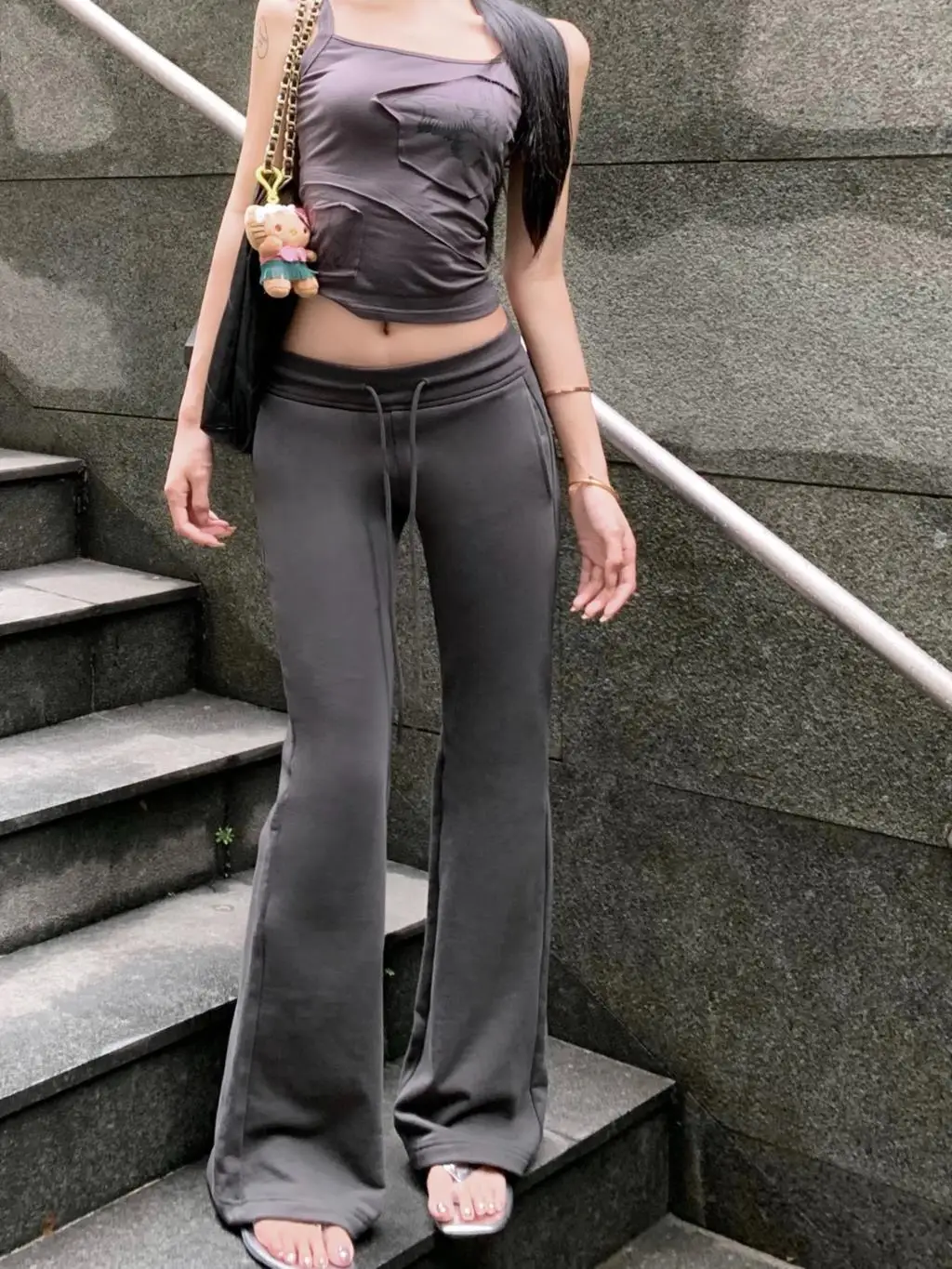 2023 Autumn Winter Sweatpants Women Low-waisted Grey Black Drawstring Flare Pants Streetwear Vintage Trousers