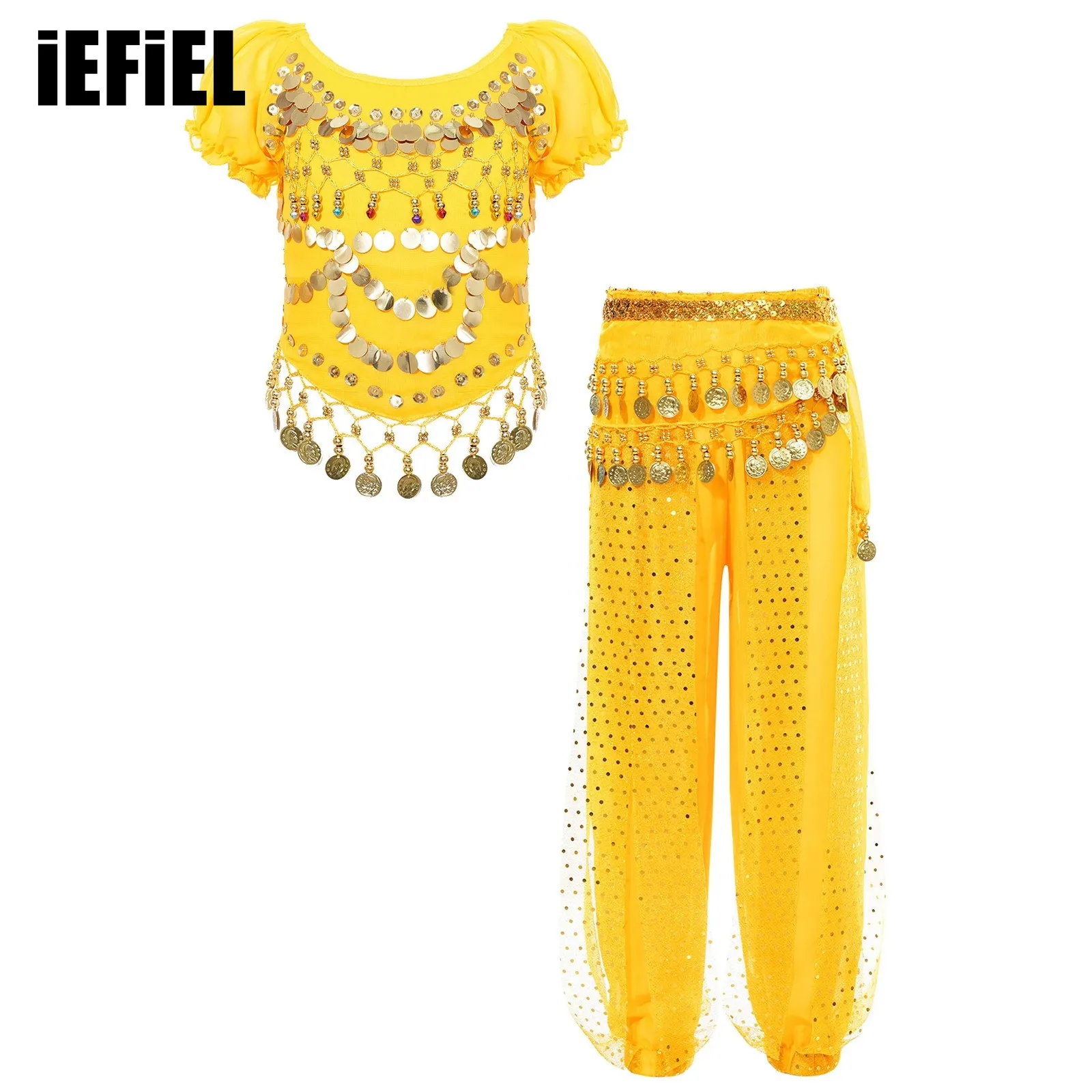 

Kids Belly Dance Sets Girls Short Puff Sleeve Tops Self-Tie Back Tassels Irregular Hem Crop Top Bloomers Pants Waist Chain