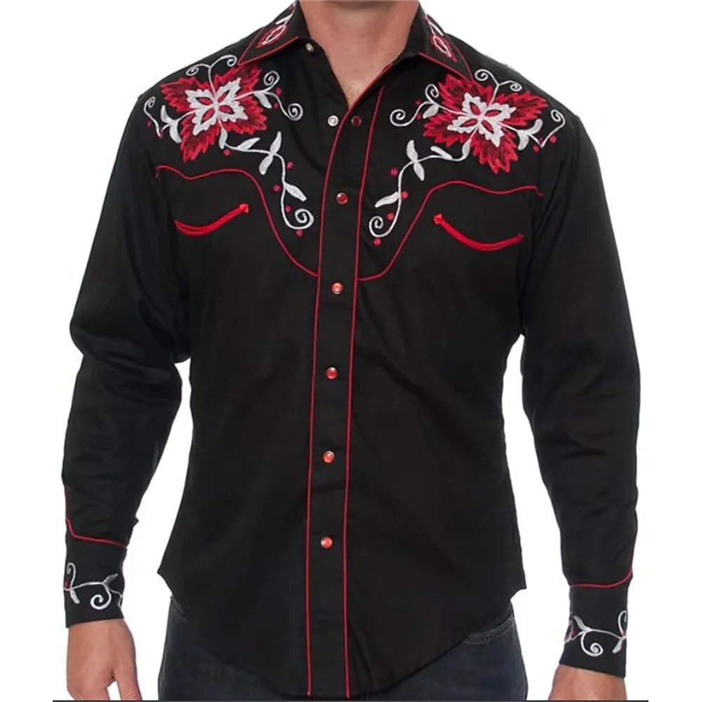 New Men's Dark Lapel Long Sleeve 3D Printed Shirt Pattern Outdoor Street Fashion Casual Shirt Western Tough Guy Slim Body