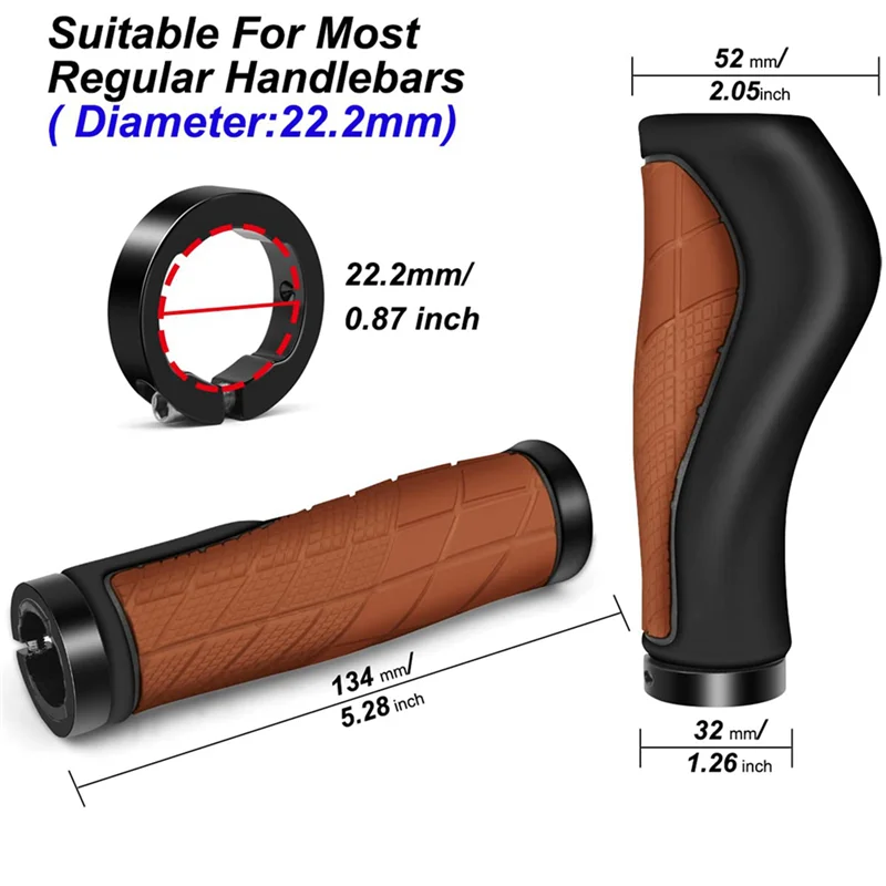 Bicycle Grips Ergonomic Grips Non-Slip Rubber Handlebar Grips,Bicycle Handlebar Grips for 22.2mm E-Bike Brown