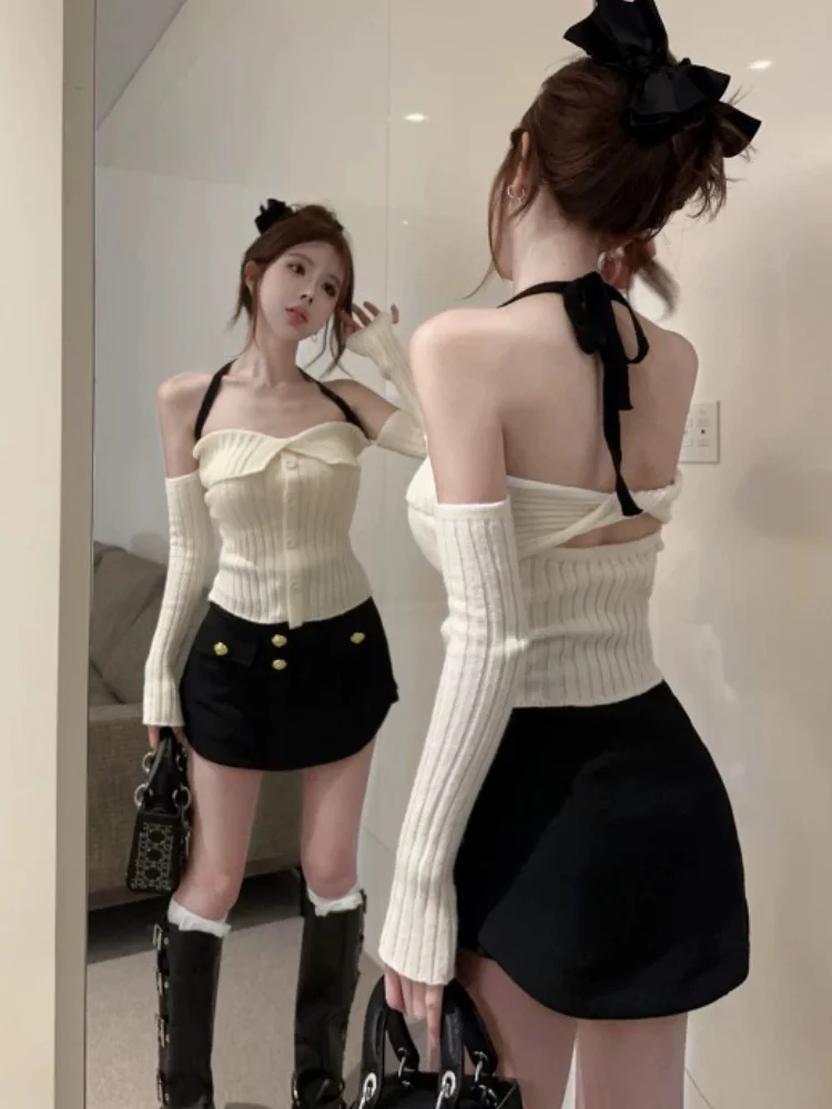 

Chic Knitted Ne Hanging One oulder Long Sve Top Women's Autumn Winter New Sle Pure Desire Tea Ceremony Sle Base irt