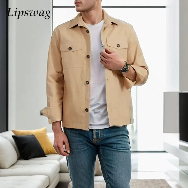 

2024 Spring Fall Casual Mens Shirt Jacket Fashion Solid Color Buttoned Pockets Cargo Shirts For Men Leisure Long Sleeve Cardigan