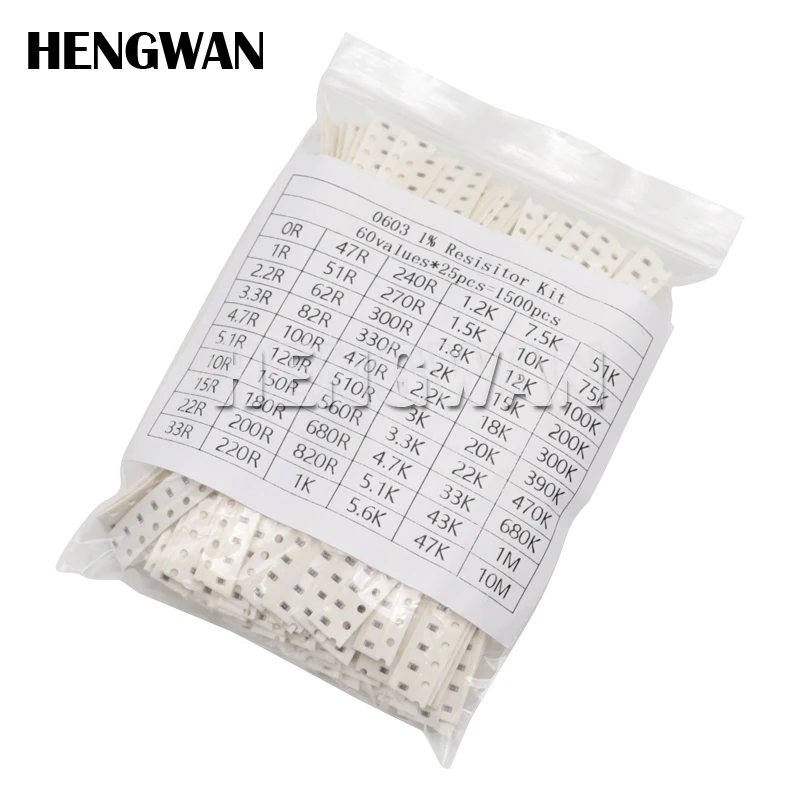 1500pcs 0603 0805 1206 SMD Resistor Assorted Kit 1 ohm - 10M 1% Resistance 60valuesX 25pcs Sample Bag