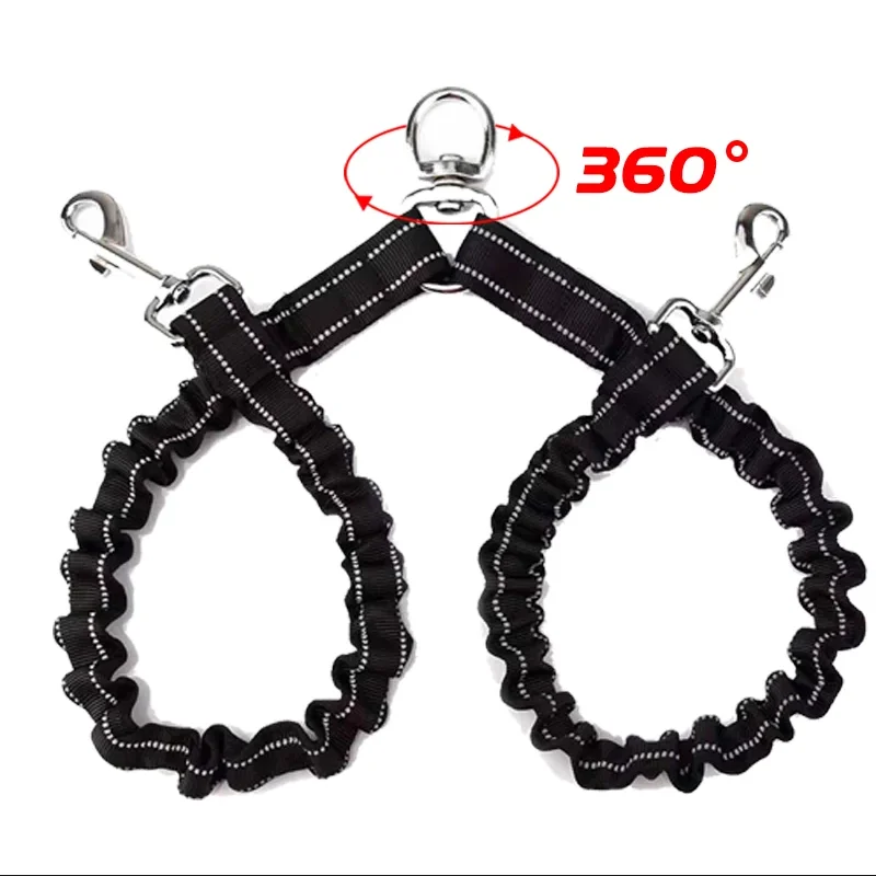 Black 2 Way Couplers Dog Leash Rope Elastic Extended Pet Leash Belt Outdoor Training for Two Double Small Medium Dogs Lead