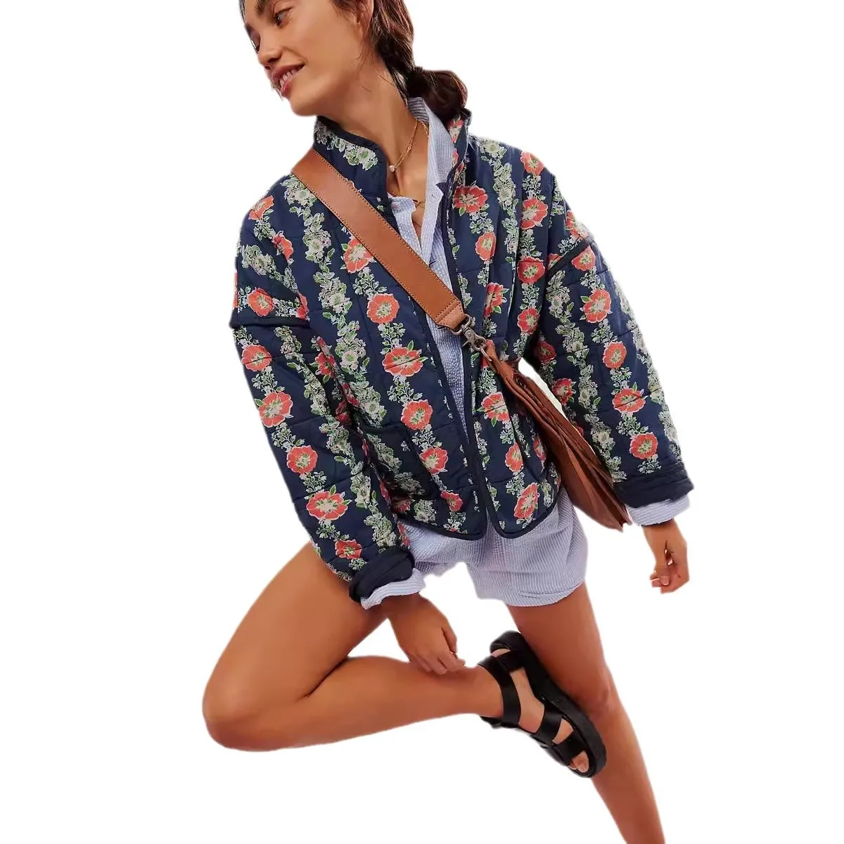 Fashion Vintage Flowers Cotton Jacket Coat Women Autumn Winter New Causal Long Sleeve Outerwear Trendy Commuting Clothing Female