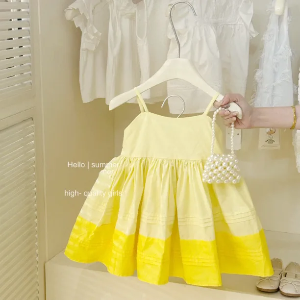 

Lemon Yellow Slip Dress Summer Fashion New Cute and Sweet Korean Casual Color Blocked Colorless Dress Trend
