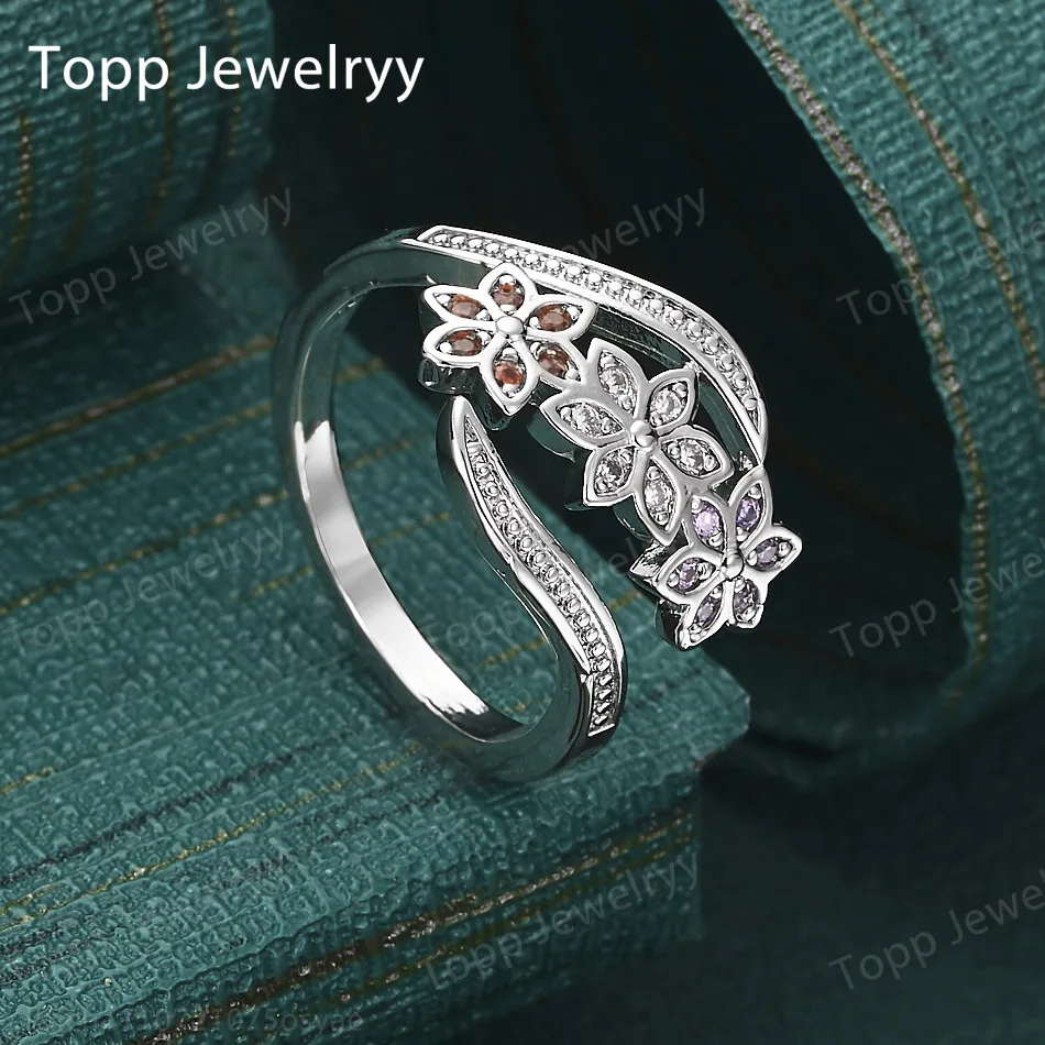 

925 Sterling Silver Luxury Open Flower Zircon Ring for Women, Fashionable Birthday Party Gift Jewelry