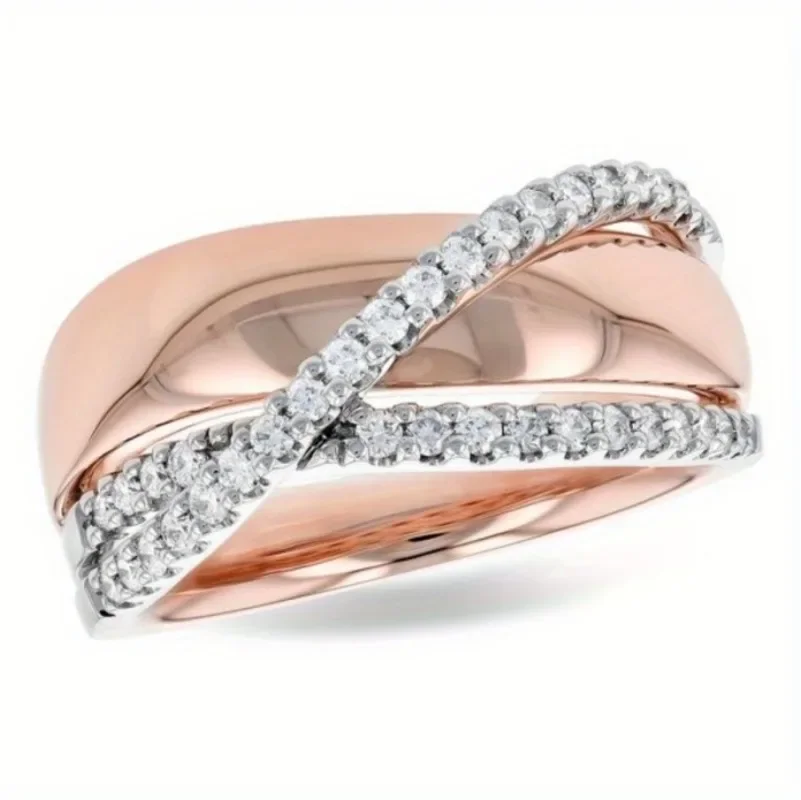 New Brushed Rose Gold Two-Tone Ring, Fashionable Cross Wrap Design, Personalized Style Ring