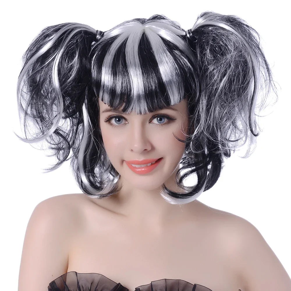 AICKER 12'' Short Wavy Synthetic Braiding Hair White Black 2x Twist Braids Colorful Pigtail Outre Cosplay Bob Wigs Bangs