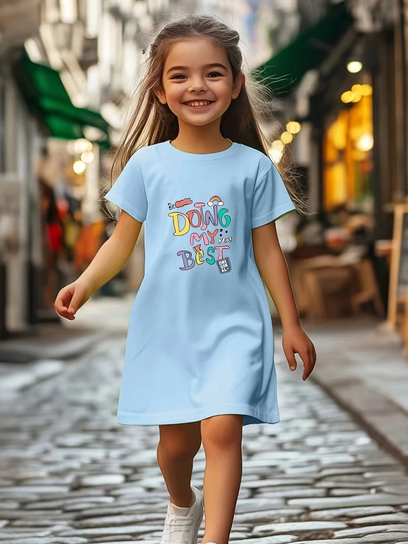 

Girl's alphabet pattern dress, comfortable polyester blend, elastic and comfortable, easy to wash, solid color versatile.