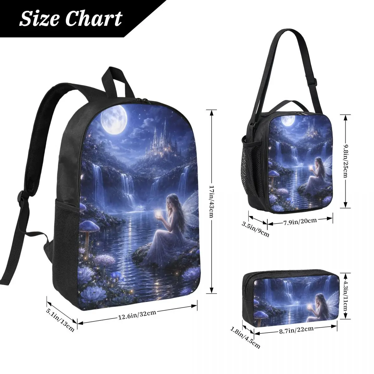 Enchanting Fairy By The Lake Backpack Boys Girls BookBag School Bag Laptop Shoulder Bags 3ps Insulated Lunch Bag Pencil Case